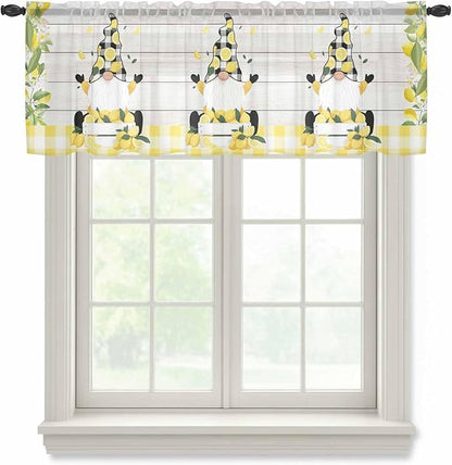 Lemon Dwarfs Sheer Valance Curtains, Gnome Green Leaf Wood Striped Black Plaid Light Filtering Kitchen Valances Rod Pocket Voile Curtain Window Treatment for Bedroom/Living Room/Basement 54Wx18L