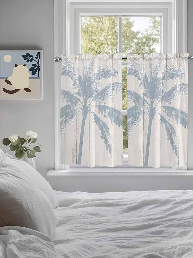 Summer Coconut Tree on Vintage Wood Grain Window Valance Curtains, Seaside Plants Light Filtering Kitchen Valance with 3-inch Rod Pocket for Living Room Bathroom Bedroom,2 Panel,52x54In