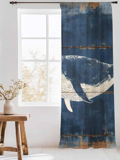 Sheer Curtains 96 Inches Long, Summer Whale Blue Semi Sheer Curtains Light Filtering Window Treatment, Coastal Ocean Vintage Wooden Grain Privacy Voile Drapes for Living Room Bedroom 52x96 Inch