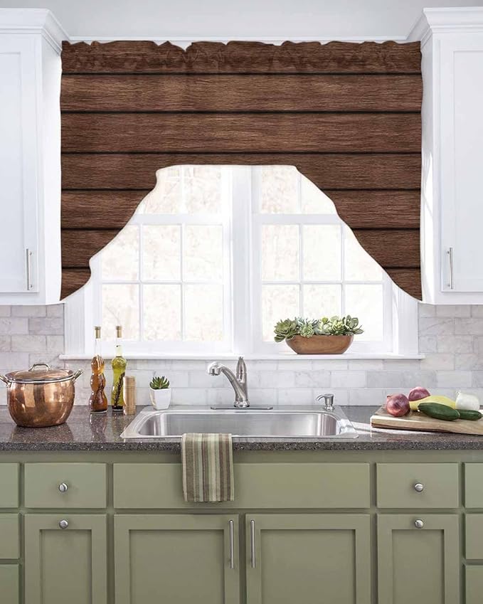 Brown Wooden Board Swag Kitchen Curtains Valance and Tier Set, Vintage Wood Grain Farmhouse Barn Themes Light-Filtering Swag Valance, Rod Pocket Short Curtain for Bedroom Cafe, 56x36 inches