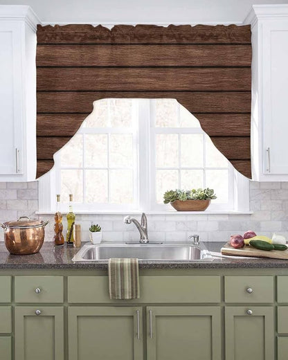 Brown Wooden Board Swag Kitchen Curtains Valance and Tier Set, Vintage Wood Grain Farmhouse Barn Themes Light-Filtering Swag Valance, Rod Pocket Short Curtain for Bedroom Cafe, 56x36 inches
