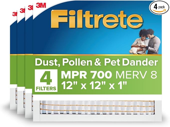 Filtrete 12x12x1 AC Furnace Air Filter, MERV 8, MPR 700, Tough on Pollen, Easy on Airflow, 3-Month Pleated 1-Inch Electrostatic Air Cleaning Filter, 4-Pack (Actual Size 11.813 x 11.813 x 0.81 in)