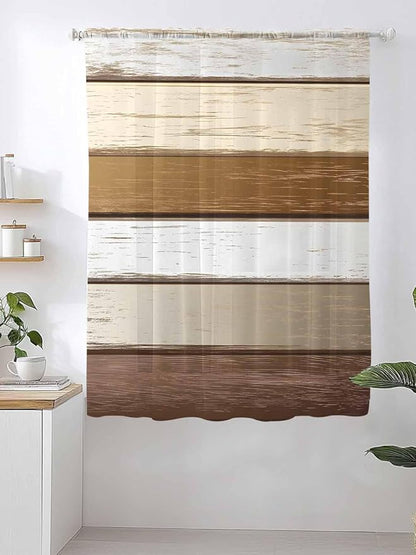 Sheer Curtains 72 Inches Long, Vintage Geometric Brown Semi Sheer Curtains Light Filtering Window Treatment, Farmhouse Country Chic Wood Grain Privacy Voile Drapes for Living Room Bedroom 52x72 Inch