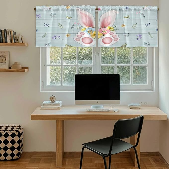 Easter Kitchen Tier Curtains 36 Inch Long 2 Panel Set,Rod Pocket Half Window Curtains Over Sink,Spring Rabbits Ears Feet Flowers Wooden Grain Light Filtering Short Drapes Cafe 27.5"W x 36"L