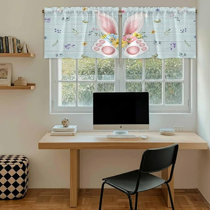 Easter Kitchen Tier Curtains 36 Inch Long 2 Panel Set,Rod Pocket Half Window Curtains Over Sink,Spring Rabbits Ears Feet Flowers Wooden Grain Light Filtering Short Drapes Cafe 27.5"W x 36"L