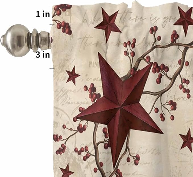 Kitchen Curtains Tiers and Valance Set of 3, Vintage Country Light Filtering Window Curtain Set, Vintage Rustic Texas Stars Plants Branch Rod Pocket Curtain Drapes for Living Room, 36 Inches Tiers