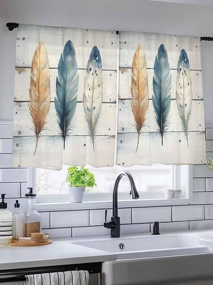 Sheer Curtains 45 Inch Length, Boho Blue Feathers Semi Sheer Curtains Light Filtering Window Treatment, Country Vintage Wooden Grain Privacy Voile Drapes for Living Room Bedroom 52x45 Inch