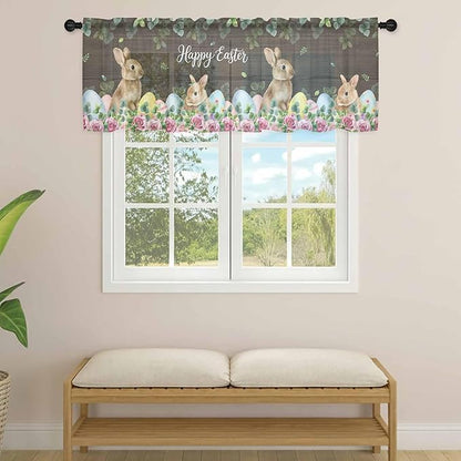 Easter Sheer Valances for Windows 42"x12", Light Filtering Kitchen Curtains Valance, Spring Watercolor Bunny Eggs Flower Leaf Wood Grain Rod Pocket Chiffon Curtains for Living Room Bedroom Cafe