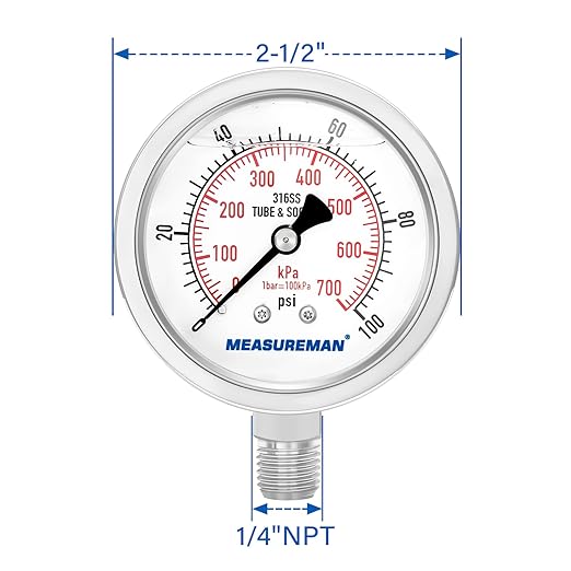 MEASUREMAN Pressure Gauge 1/4 NPT, 0-100psi/kPa Fully Stainless Steel Hydraulic Glycerin Filled Pressure Gauge with 2.5 Inch Dial Size (0-100 psi, Lower Mount - 100% Stainless Steel)
