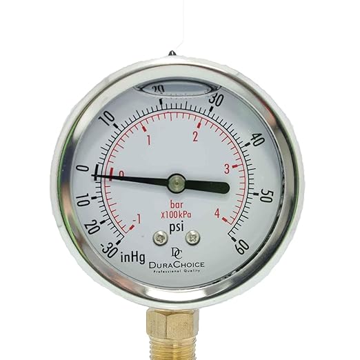 4" Oil Filled Vacuum Pressure Gauge - Stainless Steel Case, Brass, 1/2" NPT, Lower Mount Connection, 30HG/60PSI