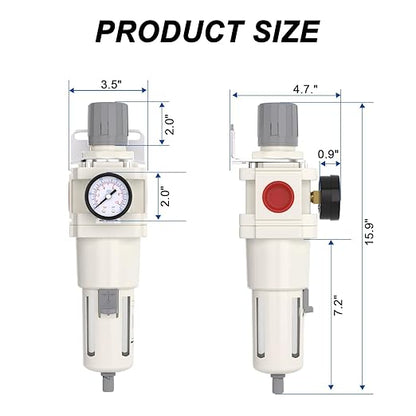 1"NPT Air Filter Regulator Combo Piggyback,5 Micron Brass Element, Semi-Auto Drain,Air Pressure Regulator AW5000-10,0-150 psi Gauge