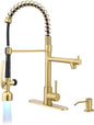Fapully Commercial Kitchen Faucets with Pull Down Sprayer Brushed Gold LED Single Handle Faucet for Kitchen Sink, Kitchen Faucet with Soap Dispenser and Deck Plack for 4 Hole