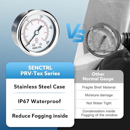 SENCTRL 0-200 psi Pressure Gauge, 2" Dial Size, 1/8 NPT Back Mount, Waterproof, Stainless Steel Case, for Pneumatic Regulator Air Compressor Portable Tank Water Tire Test