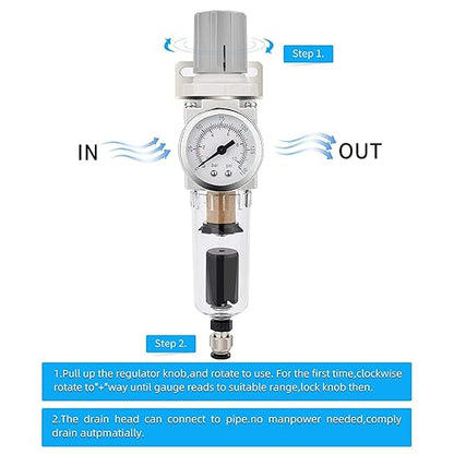 NANPU 1/4" NPT Compressed Air Filter Regulator Combo Piggyback, 5 Micron Brass Element, Poly Bowl, Semi-Auto Drain, Metal Bracket, 0-150 psi Gauge