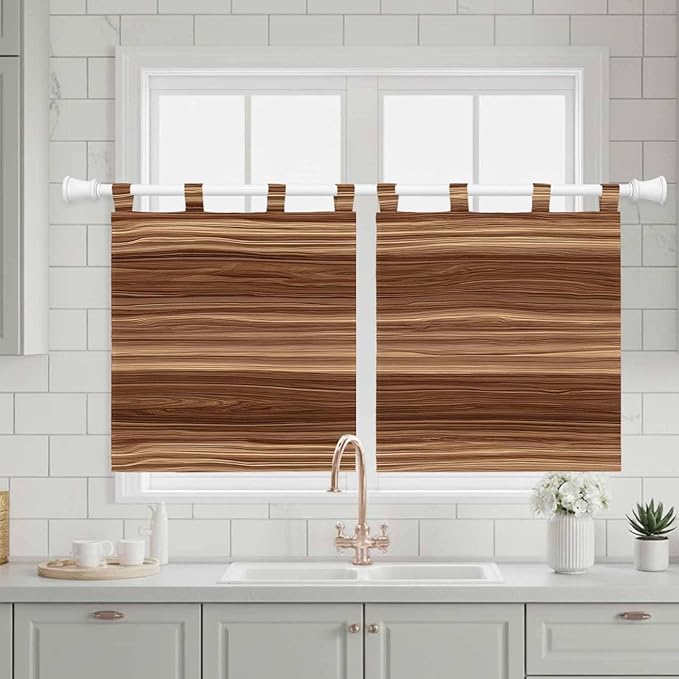Brown Western Kitchen Curtains 36 Inch Length, Small Window Curtains Tab Top, Vintage Farmhouse Wood Barn Door Light Filtering Short Window Treatments Tier Drapes 27.5"x36" 2 Panel