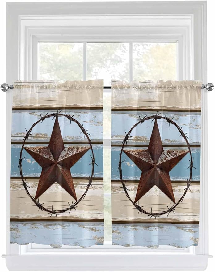 Vintage Western Star on Wood Grain Window Valance Curtains, Retro Wooden Texture Light Filtering Kitchen Valance with 3-inch Rod Pocket for Living Room Bathroom Bedroom,2 Panel,27.5x45In