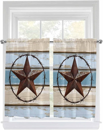Vintage Western Star on Wood Grain Window Valance Curtains, Retro Wooden Texture Light Filtering Kitchen Valance with 3-inch Rod Pocket for Living Room Bathroom Bedroom,2 Panel,42x54In