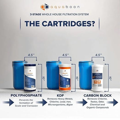 Aquaboon 3-Stage Whole House Water Filtration System with 5 Micron 10x4.5 Anti-Scale Reducing Sediment, KDF Heavy Metals and Carbon Chlorine Reduction Water Filter Purification, Wrench, Bracket