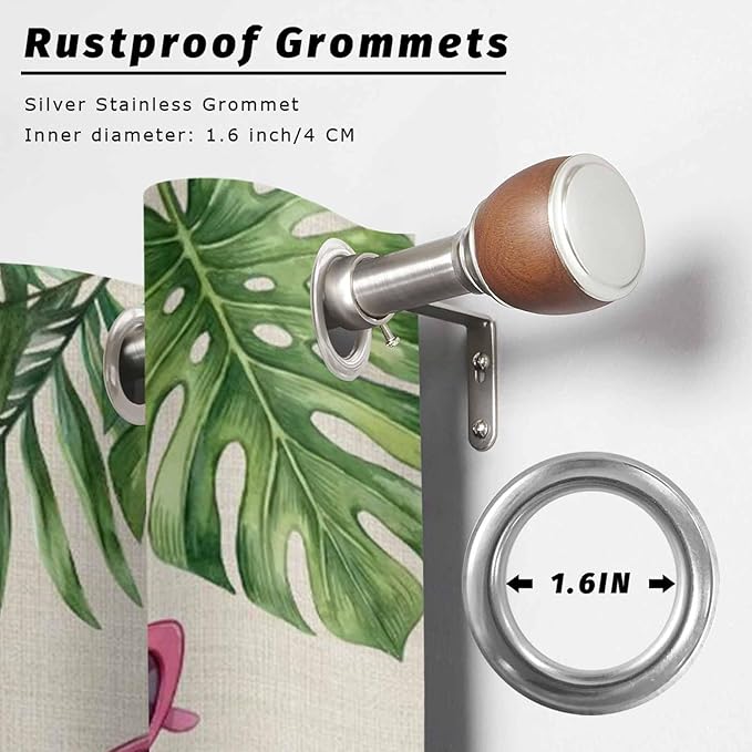 Summer Flamingbirds Outdoor Curtains for Patio Palm Leaves Plumeria Linen Waterproof Outside Curtains with Grommet Top Weatherproof Curtain for Cabana Pergola Gazebo, 1 Panel, 54" W x 95" L
