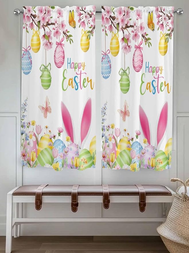 Happy Easter Bedroom Curtains 63 Inches length, Spring Watercolor Bunny Eggs Flower Branch Window Treatment Curtain Drapes, Rod Pocket Curtain Panels for Living Room Kitchen, 42"x63", 2 Panels