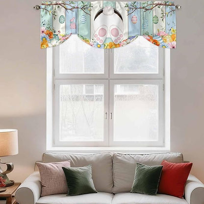 Easter Tie Up Valance Curtains for Windows, Kitchen Curtains Window Shades, Spring Watercolor Bunny Eggs Wood Grain Teal Blue Light Filtering Roman Curtain Valances for Bedroom/Bathroom/Cafe 60"x18"
