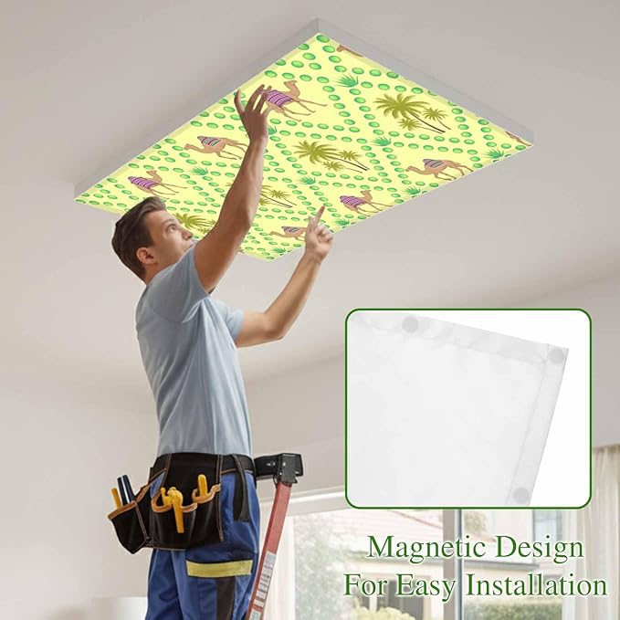 4 Pack Fluorescent Light Cover, Desert Sand Camels Light Covers for Ceiling Lights, Palm Trees Tropical Plants Polka Dot Yellow Magnetic Lights Filters Ceiling Shade for Classroom/Office - 4 x 2 Feet