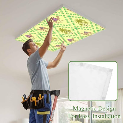 4 Pack Fluorescent Light Cover, Desert Sand Camels Light Covers for Ceiling Lights, Palm Trees Tropical Plants Polka Dot Yellow Magnetic Lights Filters Ceiling Shade for Classroom/Office - 4 x 2 Feet