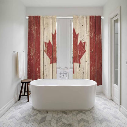 Canada Kitchen Curtains, Red Maple Leaf Flag Vintage Farmhouse Wooden Grain Light Filtering Window Curtain Panels, 2Pcs Rod Pocket Window Treatments Set for Living Room Bathroom Bedroom 52x72 Inches