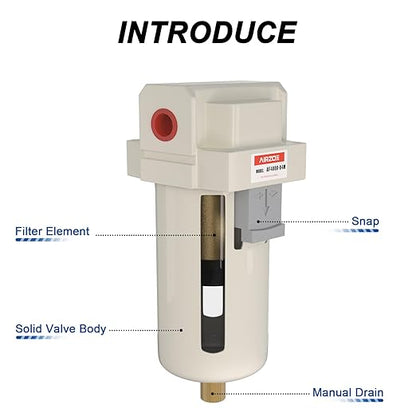 AIRZOE 1/2" NPT Air Dryer for Compressor - Air Compressor Water Separator AF4000-04, Manual Drain,5 Micron Brass Element, Poly Bowl