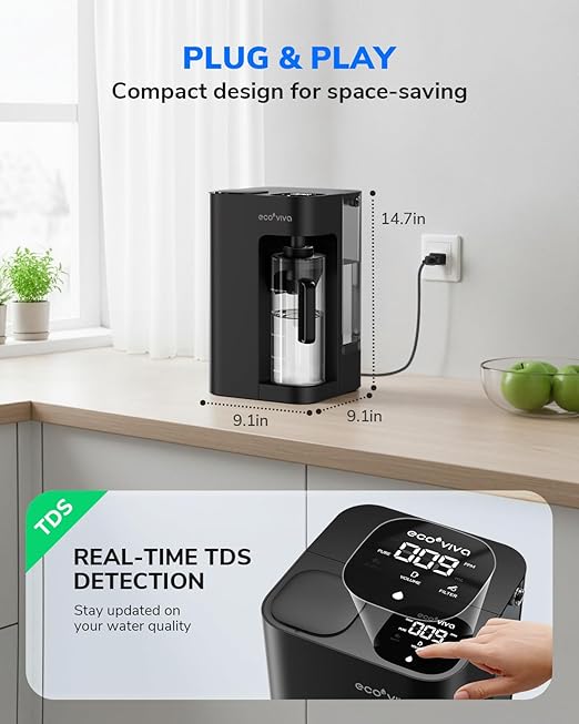 Ecoviva Mate 3 Countertop Reverse Osmosis Water Filter, 8-Stage RO Water Filtration System with 44oz Water Pitcher Smart Auto-Filling, NSF Certified Water Purifier, 3:1 Pure to Drain, Black