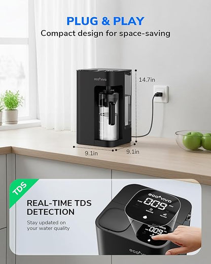 Ecoviva Mate 3 Countertop Reverse Osmosis Water Filter, 8-Stage RO Water Filtration System with 44oz Water Pitcher Smart Auto-Filling, NSF Certified Water Purifier, 3:1 Pure to Drain, Black