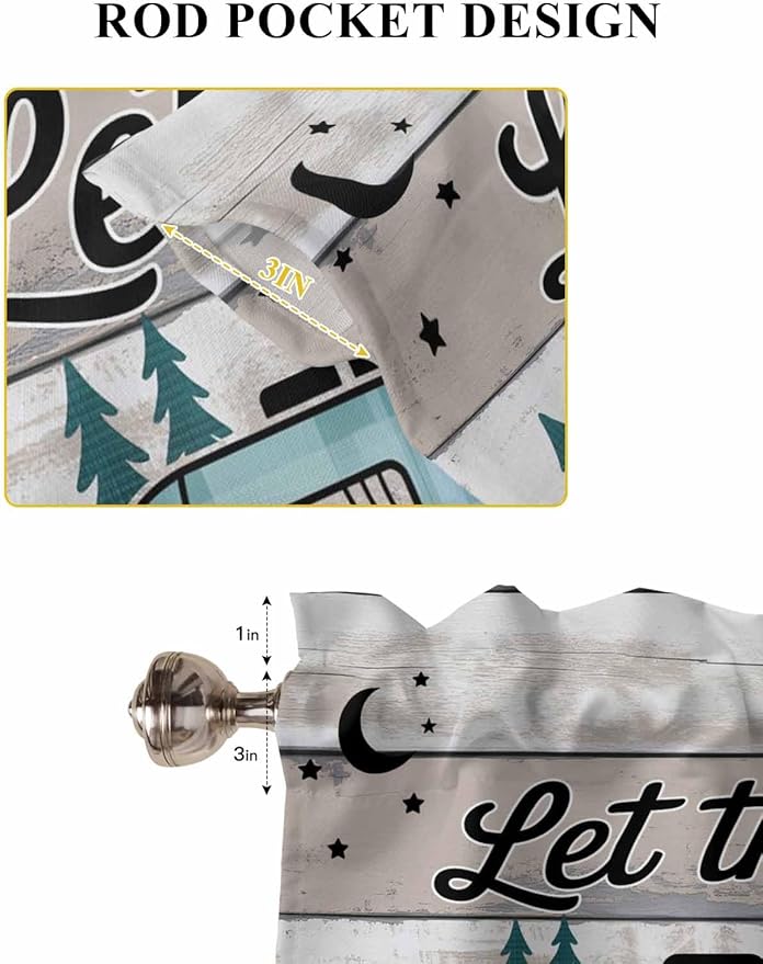 Farmhouse Bear Camper Van Tree Window Valance Curtains, Vintage Wood Grain Light Filtering Kitchen Valance with 3-inch Rod Pocket for Living Room Bathroom Bedroom,2 Panel,52x72In