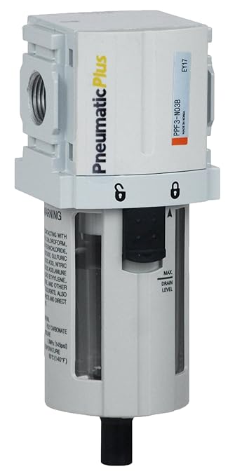 PneumaticPlus PPF3-N03B Compressed Air Particulate Filter 3/8" NPT, 5 Micron, Poly Bowl, Manual Drain, Bracket