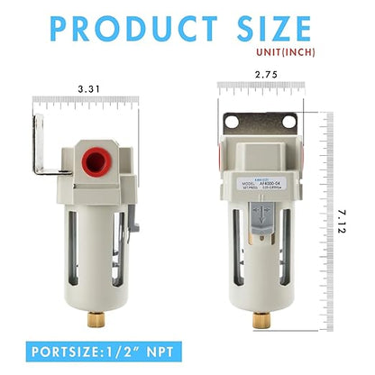 1/2" NPT Air Dryer for Compressor | Compressed Air Line Filter | 5 Micron Brass Element|Bracket, Poly Bowl, 145 psI