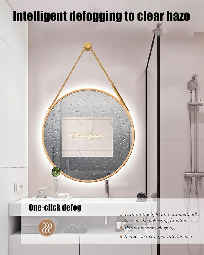 JSLJDM 500X500 mm Illuminated Backlit LED Bathroom Mirror, Wall Mounted Multifunction Bathroom Vanity Mirror with Lights and Demister Pad, Energy-Saving Illuminated Smart Mirror 60cm/23.5in Black