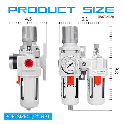NANPU 1/2" NPT Compressed Air Filter Regulator Lubricator Combo Water/Oil Trap Separator - Gauge(0-150 psi), Poly Bowl, Semi-Auto Drain, Bracket