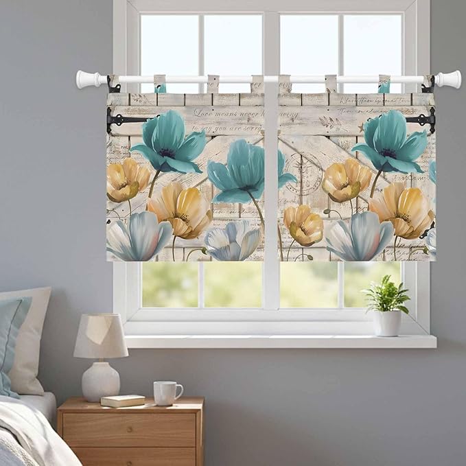 Watercolor Flowers Kitchen Curtains 24 Inch Length, Small Window Curtains Tab Top, Vintage Tulips Floral Barn Doors Wood Grain Light Filtering Short Window Treatments Tier Drapes 27.5"x24" 2 Panel