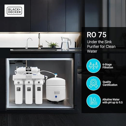 BLACK+DECKER RO 75 Under Sink Water Filter, Alkaline 6-Stage Filtration System, pH+ Remineralization RO Water Filter System,Reduces PFAS, PFOS, Microplastics, NSF/ANSI 58 Certified