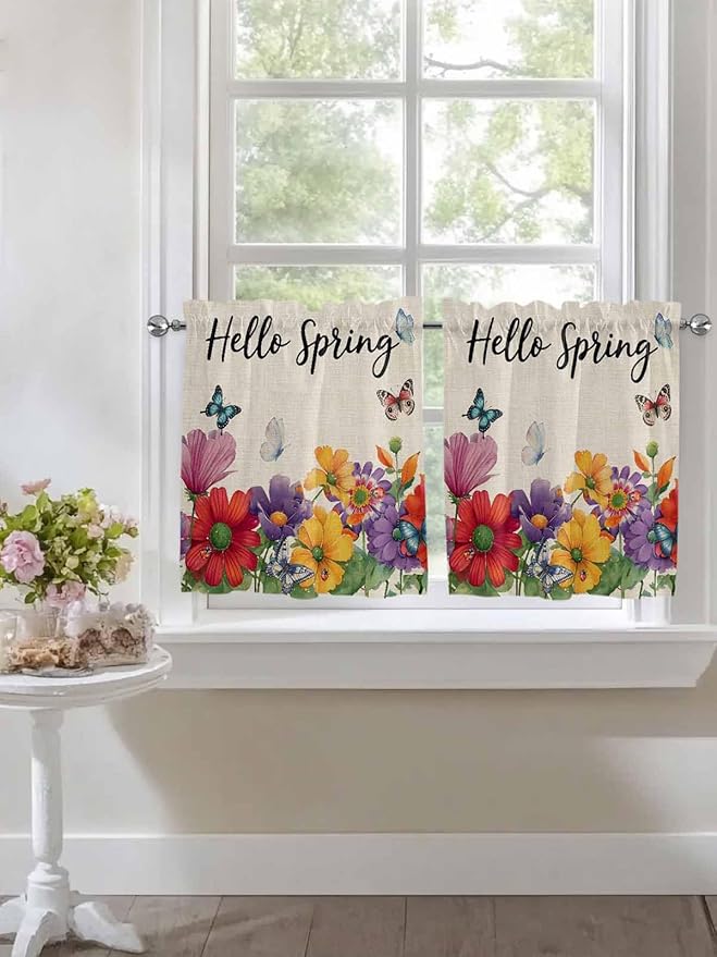 Spring Flowers Half Window Curtains 24 Inches Long, Farmhouse Vintage Country Colorful Floral Window Treatment Curtain Drapes, Short Curtains Tiers for Kitchen Over Sink, 27.5"x24", 2 Panels