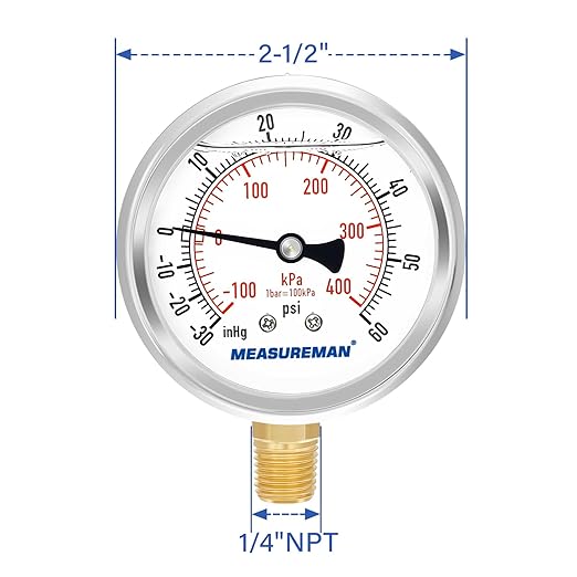 MEASUREMAN 2-1/2" Dial Size, Glycerin Filled Pressure Gauge, 30inHG-60psi, 304 Stainless Steel Case, 1/4" NPT Lower Mount