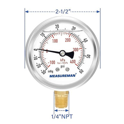 MEASUREMAN 2-1/2" Dial Size, Glycerin Filled Pressure Gauge, 30inHG-60psi, 304 Stainless Steel Case, 1/4" NPT Lower Mount
