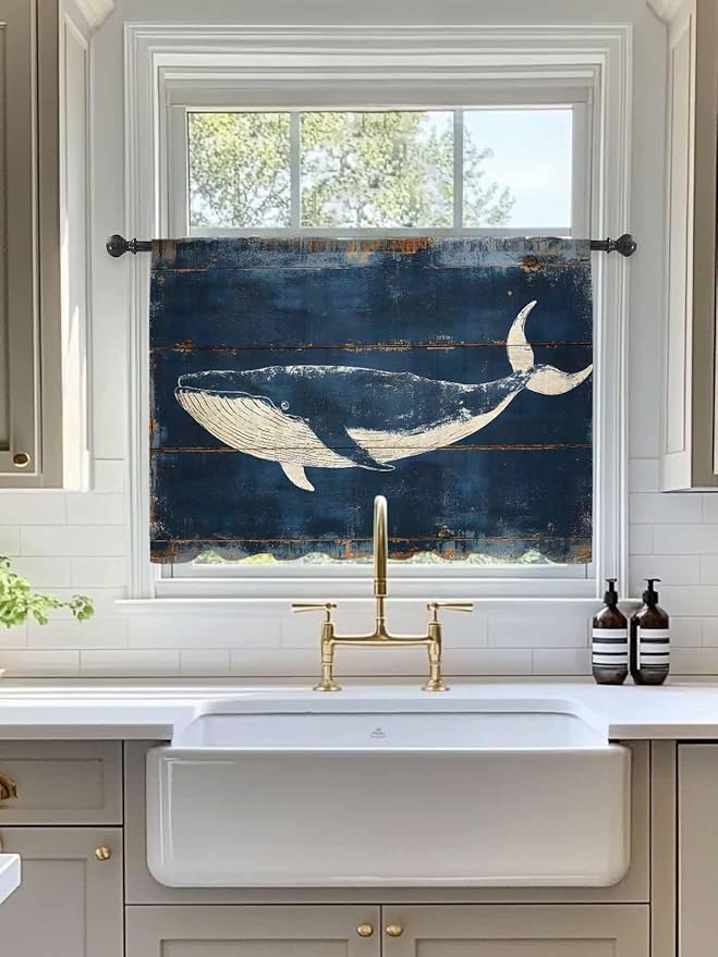 Sheer Curtains 45 Inch Length, Summer Whale Blue Semi Sheer Curtains Light Filtering Window Treatment, Coastal Ocean Vintage Wooden Grain Privacy Voile Drapes for Living Room Bedroom 52x45 Inch