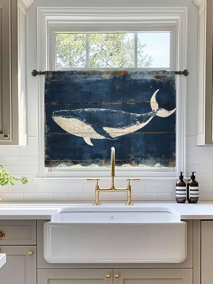 Sheer Curtains 45 Inch Length, Summer Whale Blue Semi Sheer Curtains Light Filtering Window Treatment, Coastal Ocean Vintage Wooden Grain Privacy Voile Drapes for Living Room Bedroom 52x45 Inch