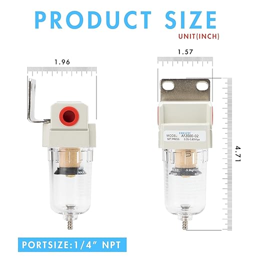 1/4" NPT Air Dryer for Compressor | Compressed Air Line Filter | 5 Micron Brass Element|Bracket, Poly Bowl, 145 psI