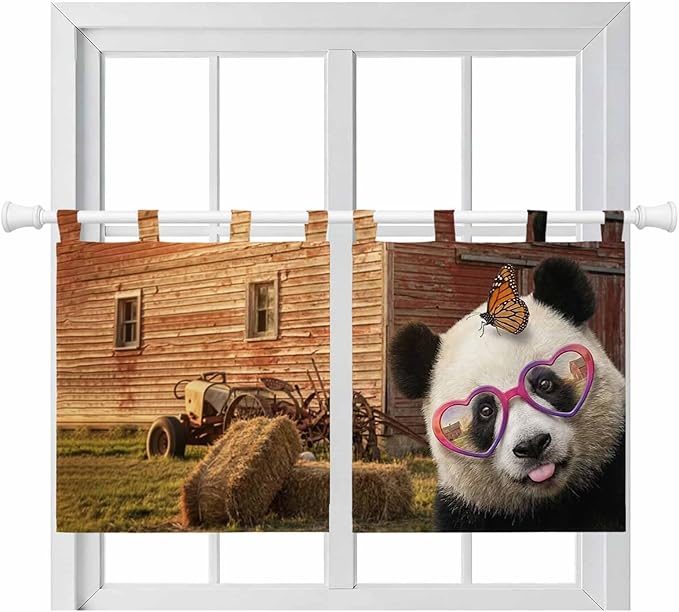 Farm Panda Kitchen Curtains 24 Inch Length, Small Window Curtains Tab Top, Farmhouse Barn Funny Animals Butterfly Light Filtering Short Window Treatments Tier Drapes 27.5"x24" 2 Panel