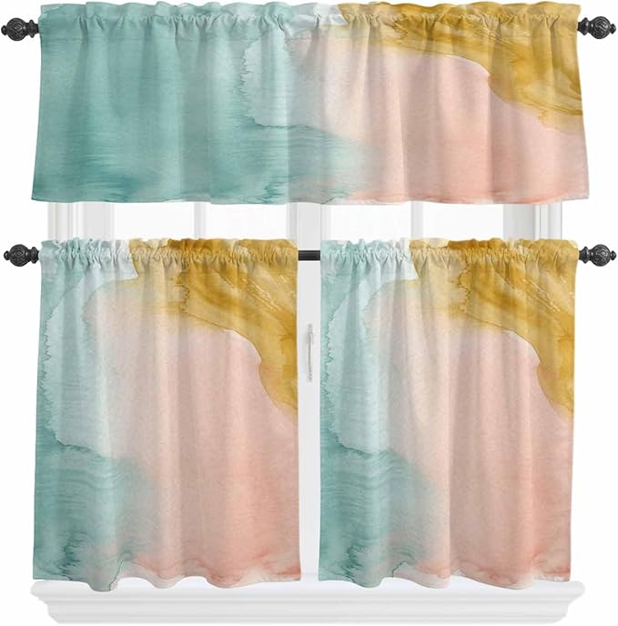 Kitchen Window Curtains Valance and Tier Set, Abstract Desert Mountains Rod Pocket Tier Curtain Valance Set, Modern Minimalist Art Light Filtering Cafe Curtains for Bedroom Living Room