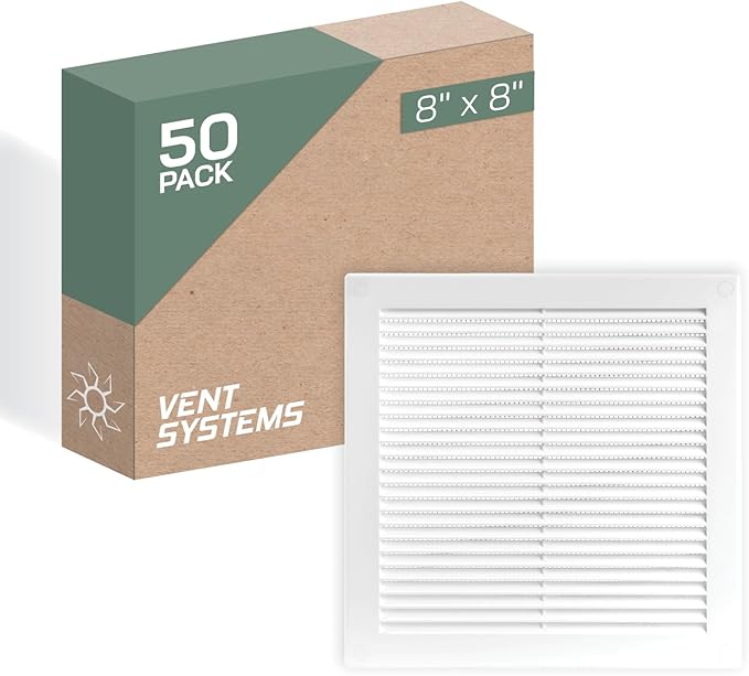 Vent Systems 8" x 8" Inch (Opening Dimensions) - Pack of 50 - Plastic White Soffit Vent Cover - Flat Square Air Vent Grille - Air Vent Deflector - HVAC 10" x 10" Inch (Overall Dimensions)