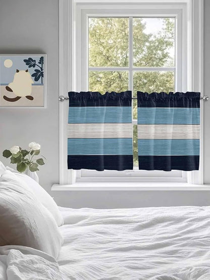 Vintage Country Woodcuts Window Valance Curtains, Blue Gradient Striped Light Filtering Kitchen Valance with 3-inch Rod Pocket for Living Room Bathroom Bedroom,2 Panel,27.5x36In
