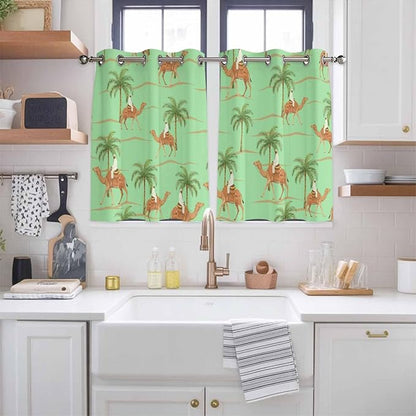 2 Panel Kitchen Cafe Curtains, Desert Camels Sunlight Filtering Nature Air Through, Home Decor Window Covering Tier Curtains for Bedroom Living Room Tropical Date Palm Trees Animal Green