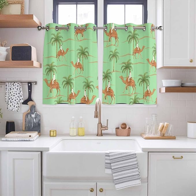 2 Panel Kitchen Cafe Curtains, Desert Camels Sunlight Filtering Nature Air Through, Home Decor Window Covering Tier Curtains for Bedroom Living Room Tropical Date Palm Trees Animal Green